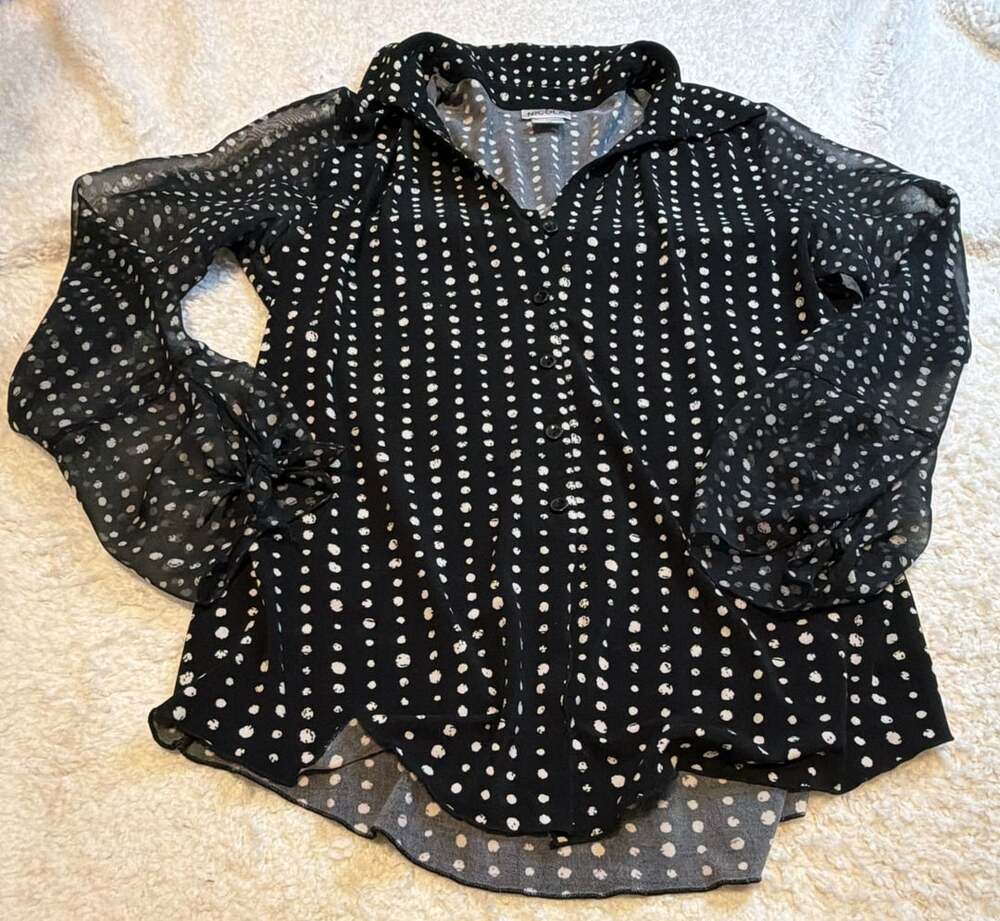 Nicola Black And White Polka Dot Chiffon Long Sleeve Button Front Blouse Size M